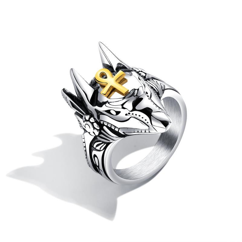 Punk Finger Ring Titanium Steel Cross Anubis Head Portrait Finger Rings Accessories Jewelry for Men