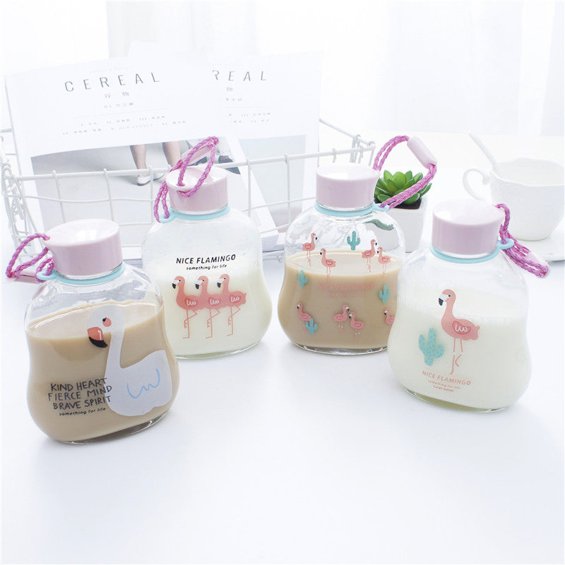 Portable Cup Lovely Flamingo Pattern Glass Cup Children Favorite Water Bottle Glass Cup