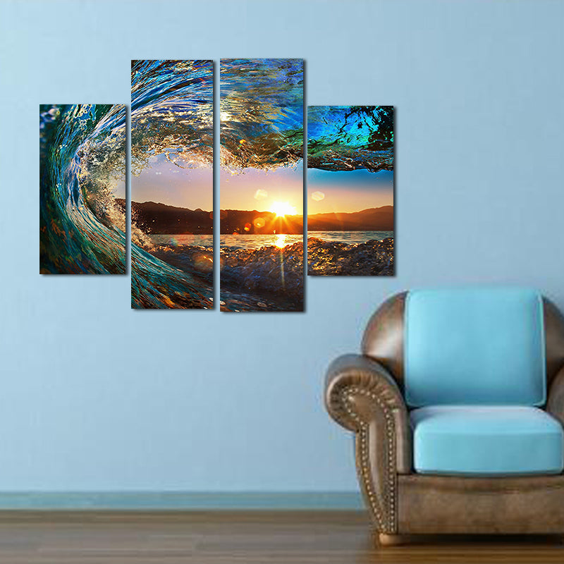 Miico Hand Painted Four Combination Decorative Paintings Wave Sunset Wall Art For Home Decoration