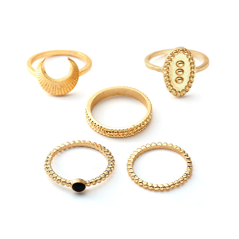 5 Pcs Bohemian Finger Rings Set Moon Oval Shield Ring Fashion Jewelry for Women