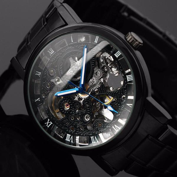 WINNER Fashion Sculpture Mechanical Watch Retro Stainless Steel Strap Men Automatic Watch