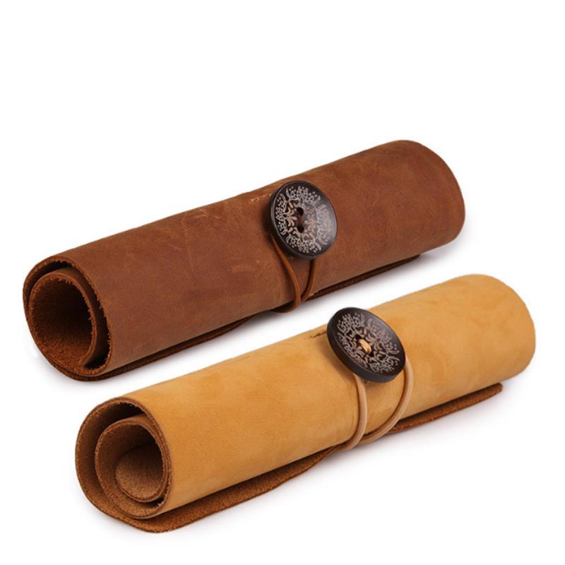 Roll Up Leather Multifunction 6 Holes Headphone Cable Cosmetic Storage Bag Pen Holder Makeup Pouch