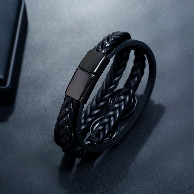 Stainless Steel Buckle Leather Alloy Black Plated 8 Word Imitation Leather Bracelet