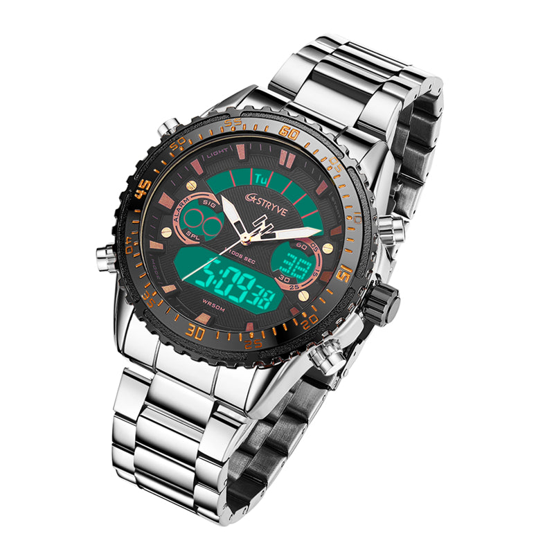STRYVE S8020 LCD 5ATM Waterproof Week Display Full Steel Fashion Men Dual Display Digital Watch