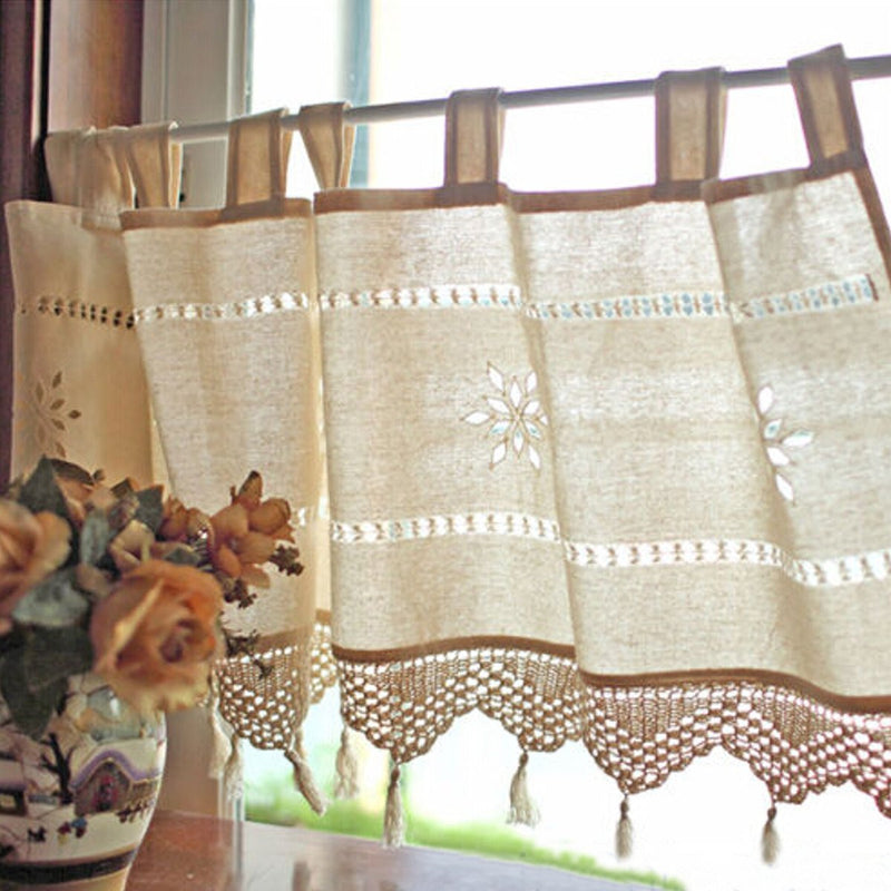 Country Style French Cotton Linen Embroidery Cafe Curtain Home Kitchen Curtain