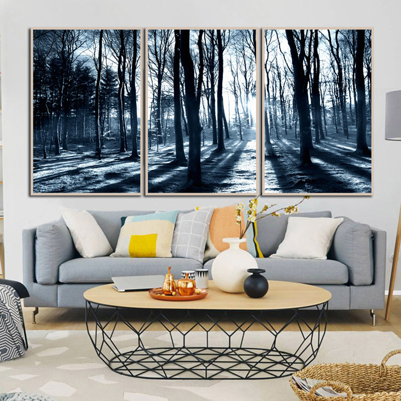 Miico Hand Painted Three Combination Decorative Paintings Woods Under The Moonlight Wall Art For Home Decoration
