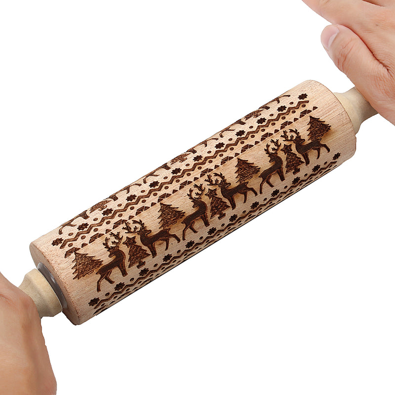 Christmas Elk Print Rolling Pin Engraved Rolling Pin Wooden Embossing Embossed Baking Tools
