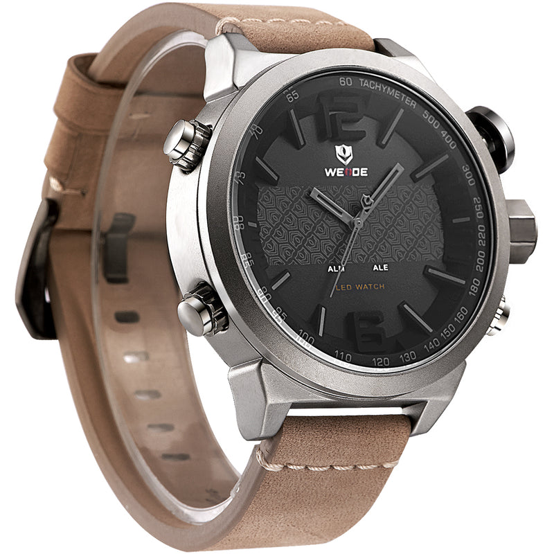 WEIDE WH6101 Fashion LED Digital Watch Waterproof Leather Strap Dual Display Watches