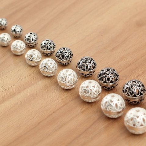925 5pcs Sterling Silver Round Loose Beads Hollow DIY Jewelry Accessories Findings