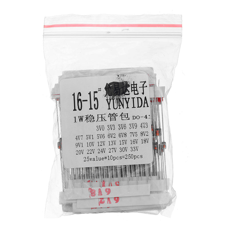 250 Pcs 25 Values 1W Zener Diode Assorted Kit 3V To 33V Assortment Kit