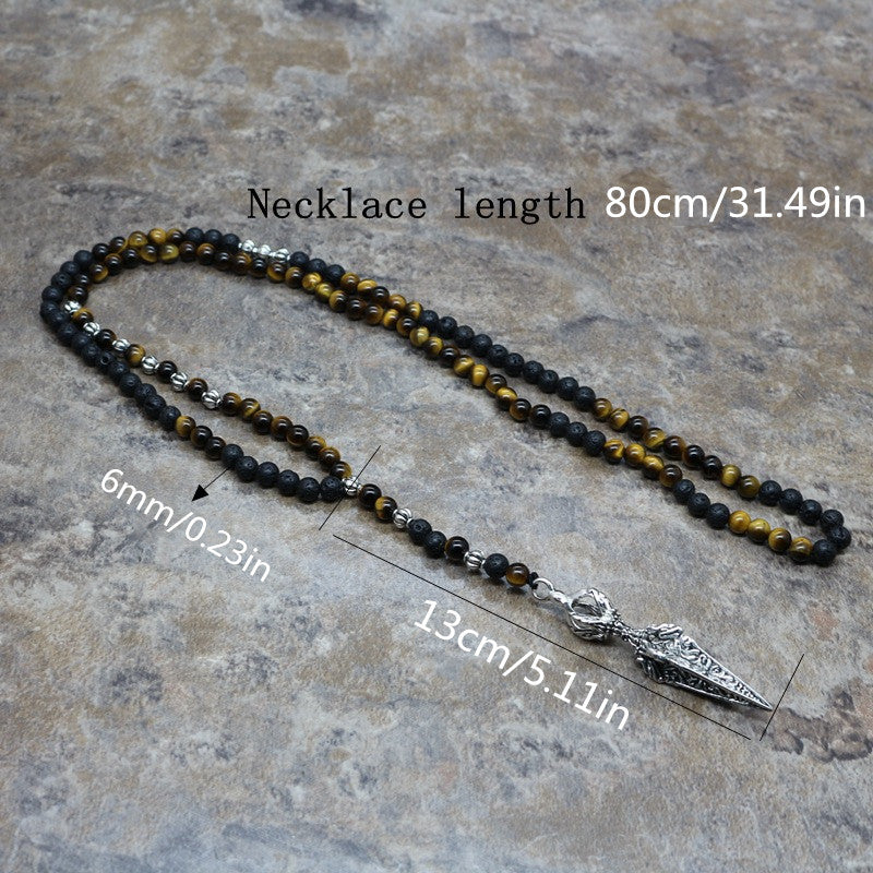 6mm Tiger's Eye Lava Stone Necklace Metal Geometric Arrow Pendant Men's Beads Necklace