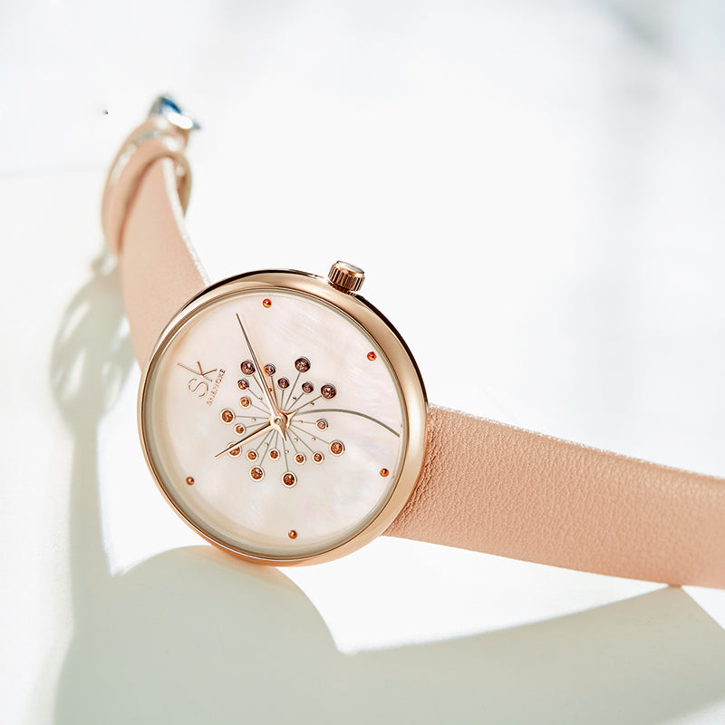 SHENGKE SK K0113 The Plant Pattern Creative Dial Fashion Leather Strap Quartz Watch