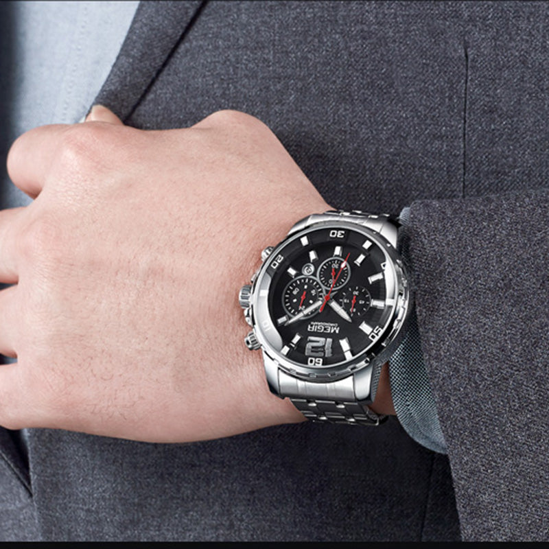 MEGIR 2068G Men Watch Luminous Display Chronograph Business Quartz Watch Stainless Steel Sport Watch