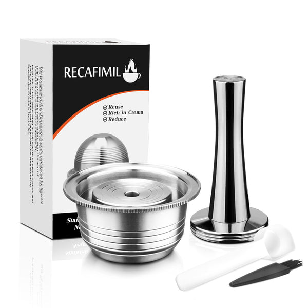 Stainless Steel Refillable Coffee Capsule Cup Reusable Coffee Pods w/ Pods Holder Spoon Brush for Vertuolline GCA1/Delonghi ENV135 Coffee Machine