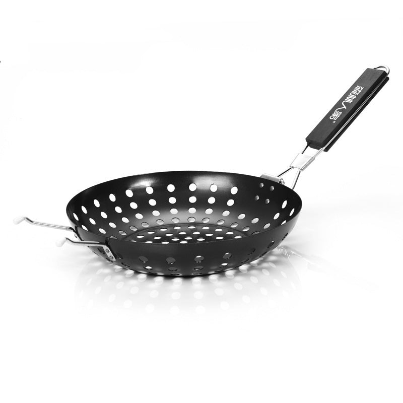 Non Stick BBQ Grilling Skillet with Folding Handle Round BBQ Pizza Grill Pan For Veggies Seafood BBQ