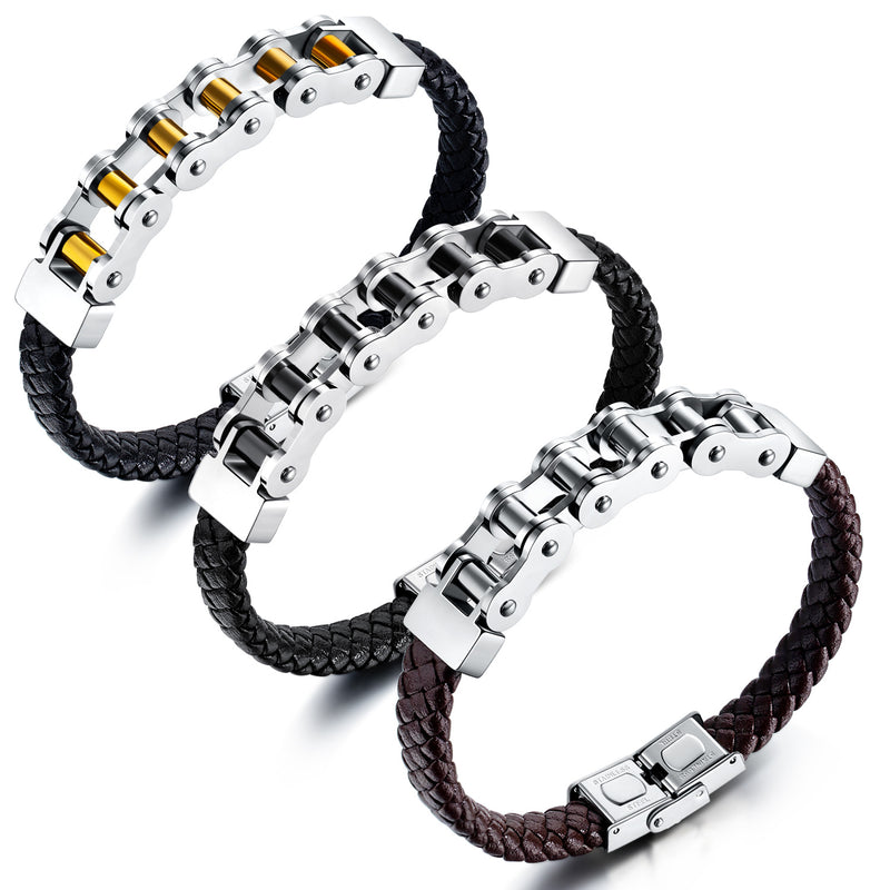 Leather Rope Woven Leather Stainless Steel Locomotive Chain Bracelet