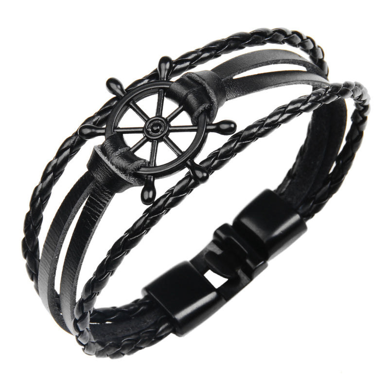 Punk Alloy Rudder Bracelet Cowhide Leather Bangle Wristband Men Jewelry