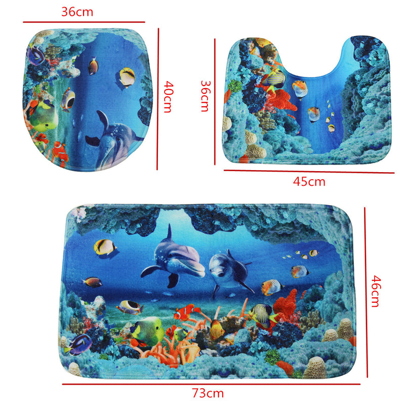 An Ocean Dolphin Bathroom Carpet Set Pedestal Rug Lid Toilet Cover Bath Mat Set