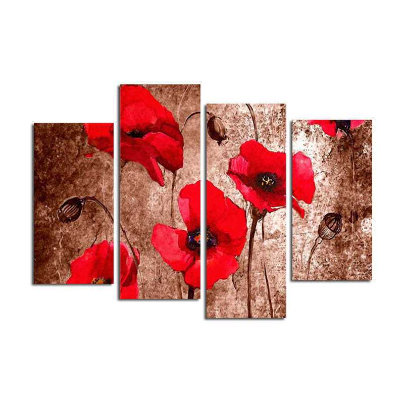 Miico Hand Painted Four Combination Decorative Paintings Red Flowers Wall Art For Home Decoration