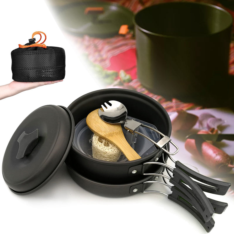 1-2 People Portable Cookware Set Backpacking Gas Butane Propane Canister Cooking Stove Burner Set Pot Pan Bowl Picnic BBQ Tableware