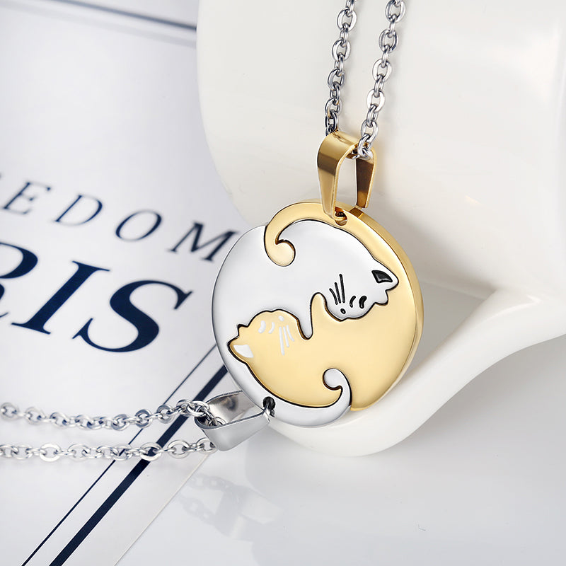 Trendy Geometric Animal Stainless Steel Necklace Cute Sweet Cat Pendant Puzzle Couple Necklace