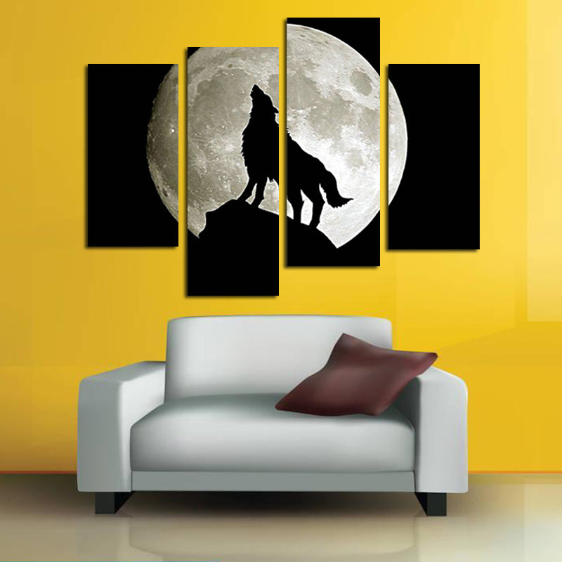 Miico Hand Painted Four Combination Decorative Paintings Full Moon Black Wolf Wall Art For Home Decoration