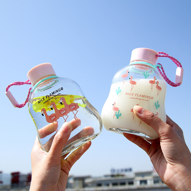 Portable Cup Lovely Flamingo Pattern Glass Cup Children Favorite Water Bottle Glass Cup