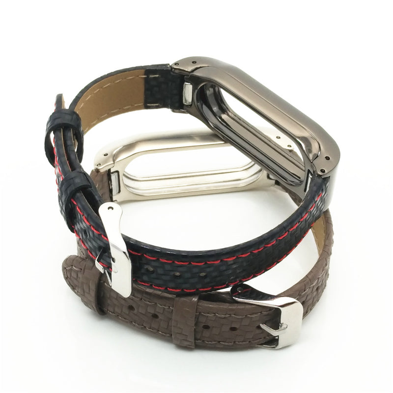 Metal Tainless Steel Frame Braided Leather Strap Replacement for Xiaomi Miband 2