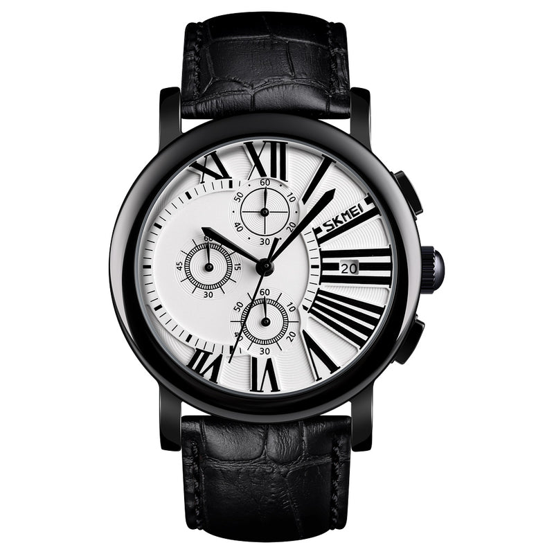 SKMEI 9196 Men Fashion Leather Strap Stopwatch Date Display Roman Numerals Sport Quartz Watch