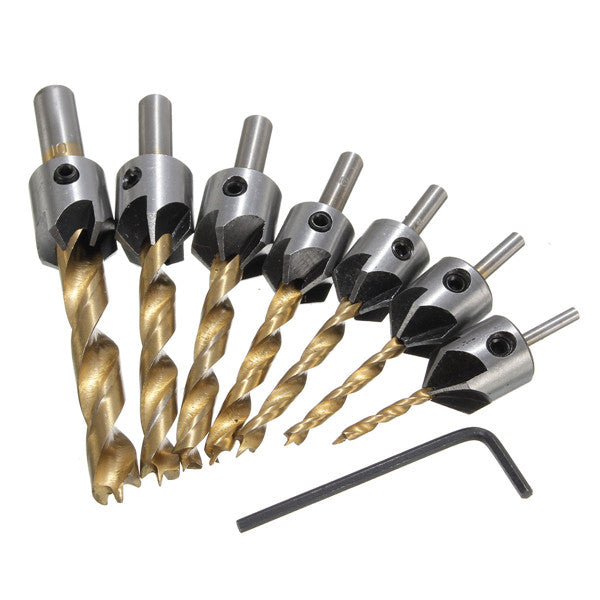 7pcs 3-10mm 5 Flute HSS Countersink Drill Bit Set Carpentry Reamer Woodworking Chamfer End Milling