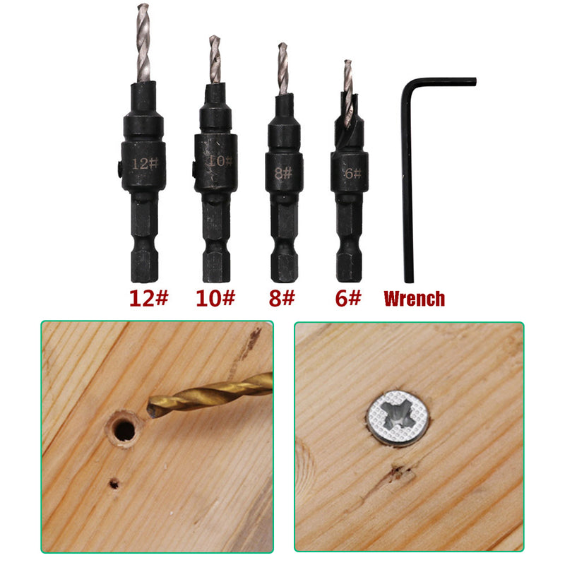 4pcs 6#/8#/10#/12# Hex Shank Carpentry Countersink Drill Bit Set with Wrench Woodworking Tool