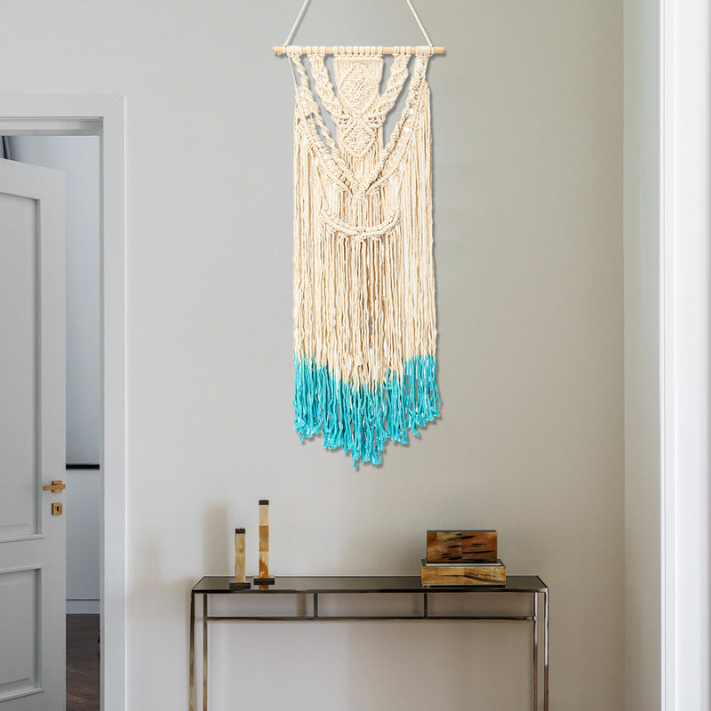 18'' Beige Blue Handmade Macrame Wall Hanging Cotton Tapestry Bohemian Art Decor