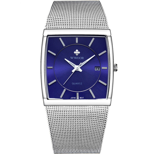 WWOOR 8831 Square Dial Luminous Display Men Wrist Watch Mesh Steel Calendar Quartz Watch