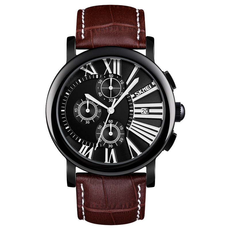 SKMEI 9196 Men Fashion Leather Strap Stopwatch Date Display Roman Numerals Sport Quartz Watch