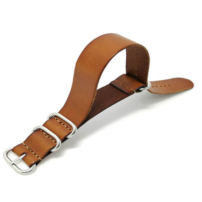 18/20/22mm Kraft Layer Leather Watch Strap Stainless Steel Rings Watch Band