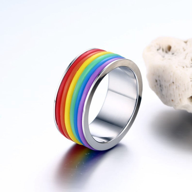 Fashion Stainless Steel Finger Ring Rainbow Silicone Ring for Women Men LGBT Band Unisex Jewelry