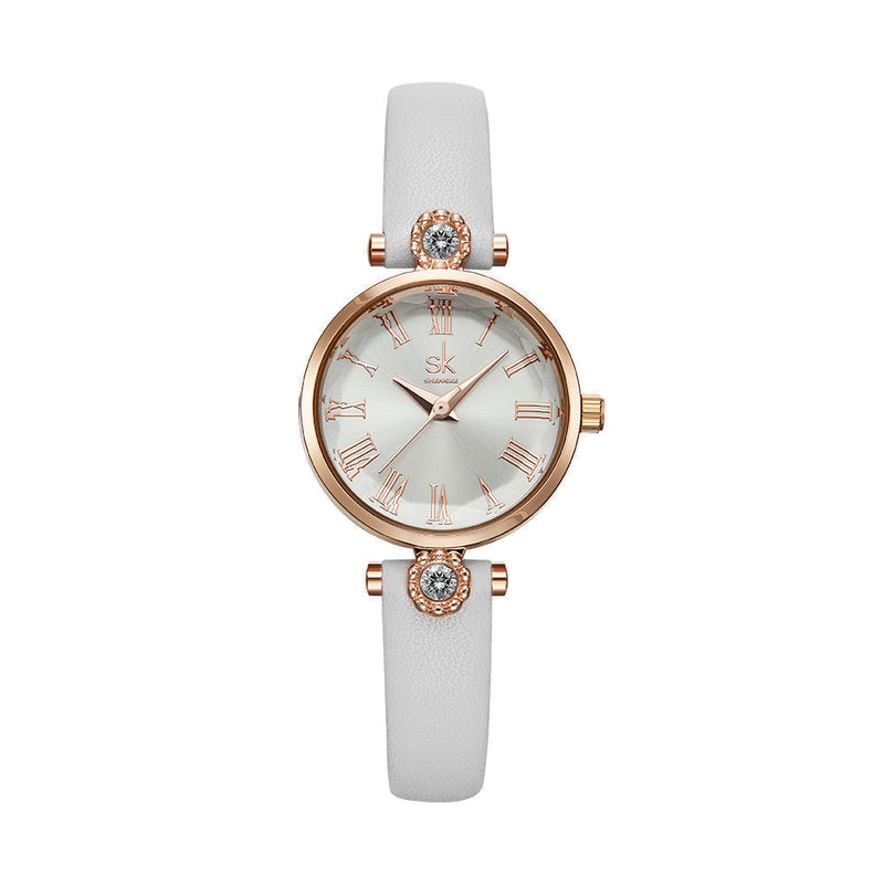 SHENGKE SK K9009 Crystal Roman Numerals Dial Leather Strap Ladies Dress Watch Women Quartz Watch