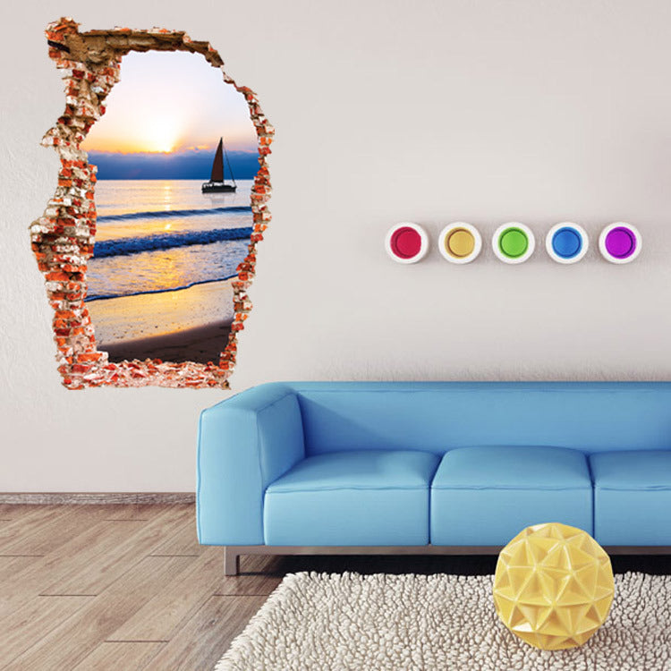 Miico Creative 3D Sea Sunset Broken Wall Removable Home Room Decorative Wall Door Decor Sticker