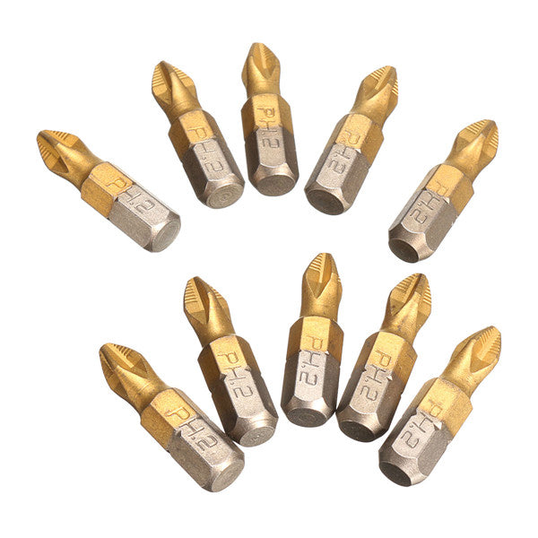 10pcs 25mm Titanium Coated Hex Shank PH2 Magnetic Screwdriver Bit Set
