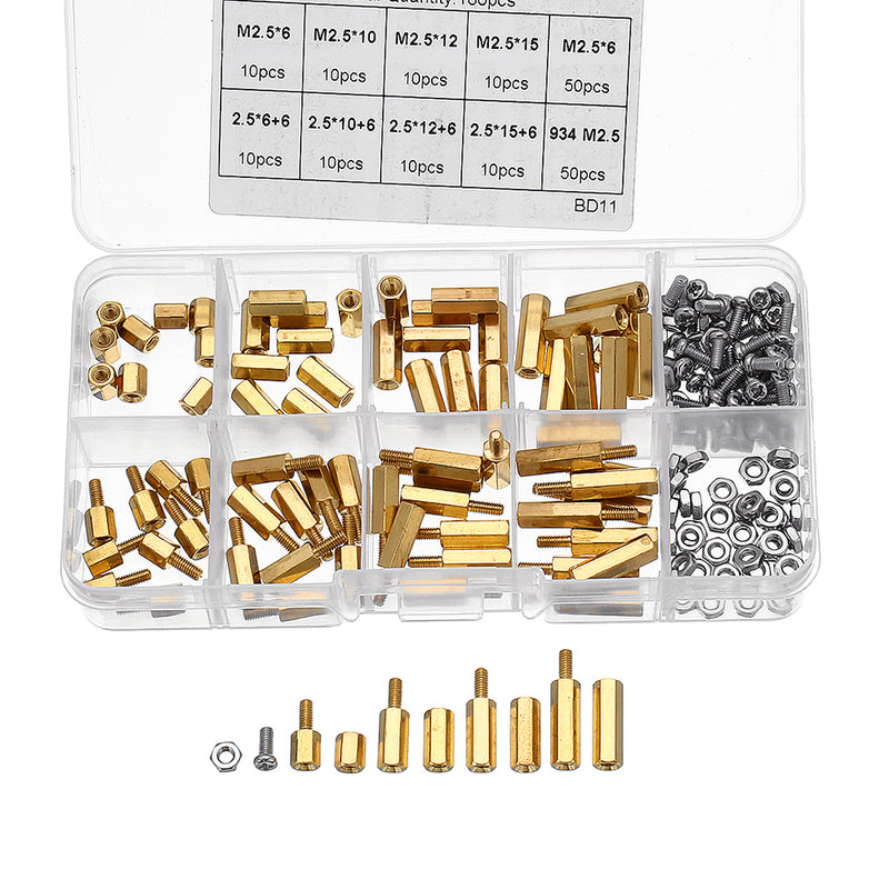 Suleve M2.5BH1 180Pcs M2.5 Brass Male-Female Hex Column Standoff Support Spacer Pillar Cross Screw Nut Assortment for PCB Board