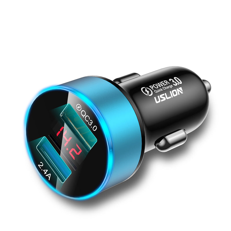 USLION QC 3.0 LED Display Universal Dual USB 24V 3A Quick Fast Charging Metal Car Charger Adapter for iPhone11 for Samsung S10+ Xiaomi Redmi Note8 Tablet