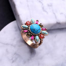 Retro Turquoise Flower Finger Ring Colorful Rhinestone Ring Jewelry For Women