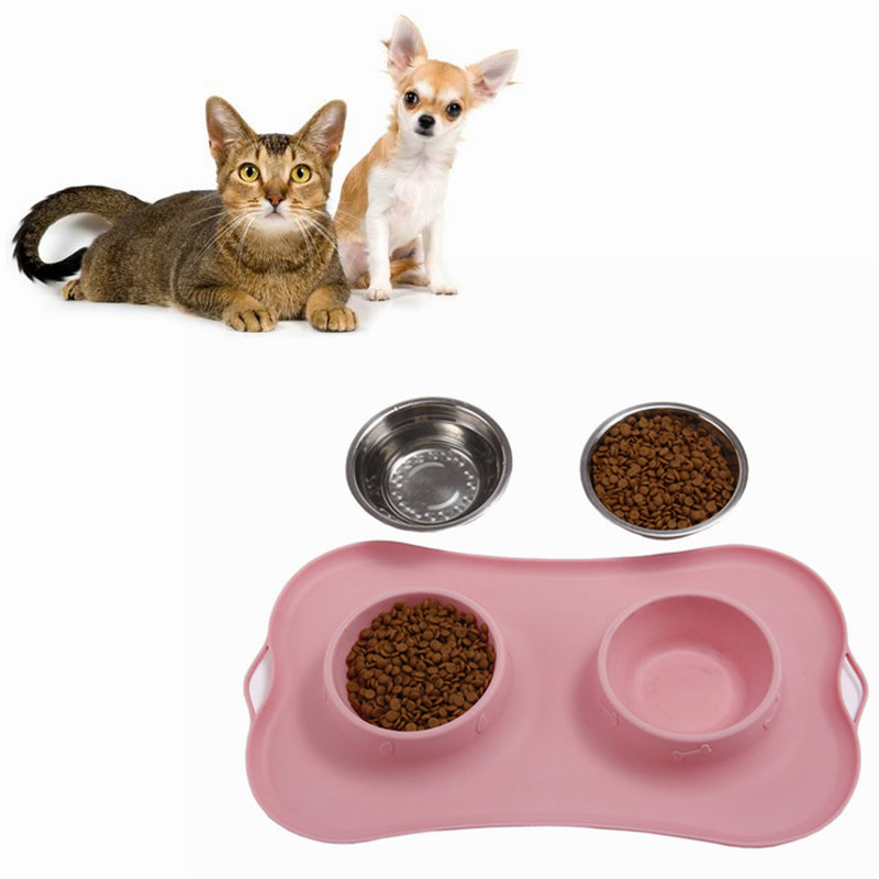 Stainless Steel Dog Cat Bowl Non Spill Silicone Mat Pet Water Food Dish Feeder
