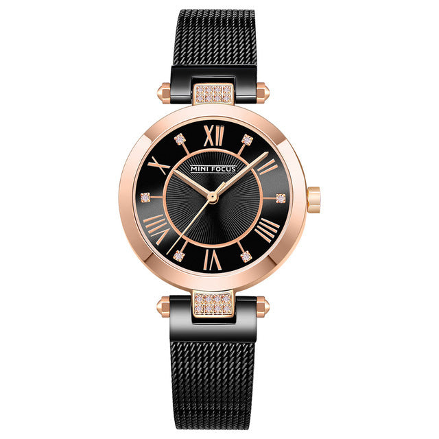 MINI FOCUS MF0215L Casual Rome Number Design Waterproof Mesh Steel Quartz Watch Women Watch