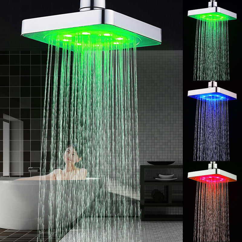 360 Adjustable 6 Inch LED Light Square Rain Shower Head Stainless Steel 3 Color Changing Temperature Control Bathroom Showerhead