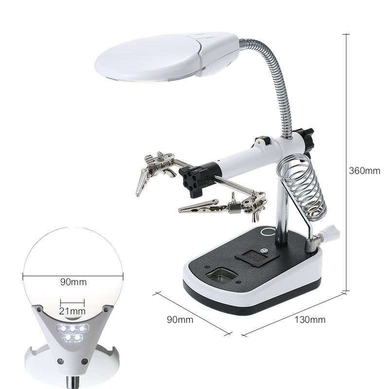 90mm Diameter Magnifier With LED Light Magnifier Soldering Helping Hand  Alligator Clip Stand