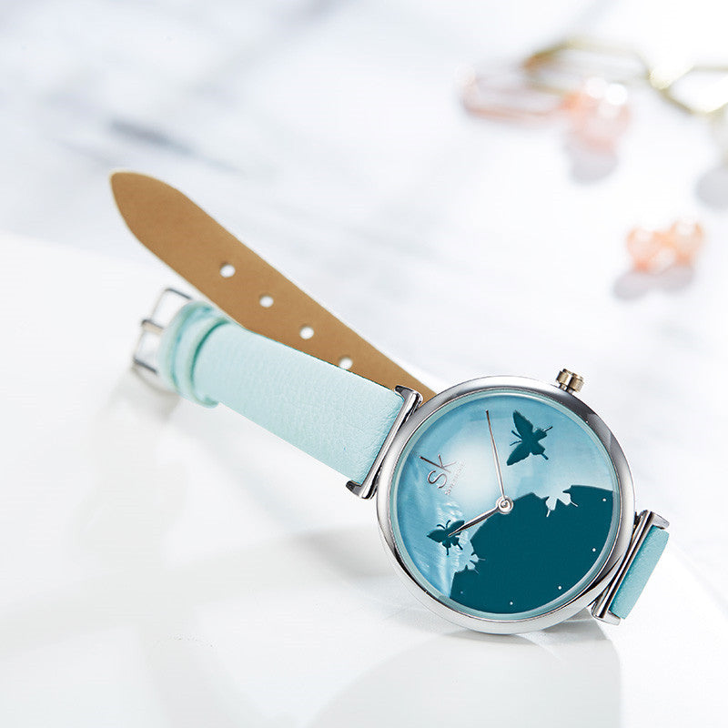 SHENGKE SK K0101 Concise Butterfly Leather Strap Fashion Female Wristband Fresh Color Women Quartz Watch