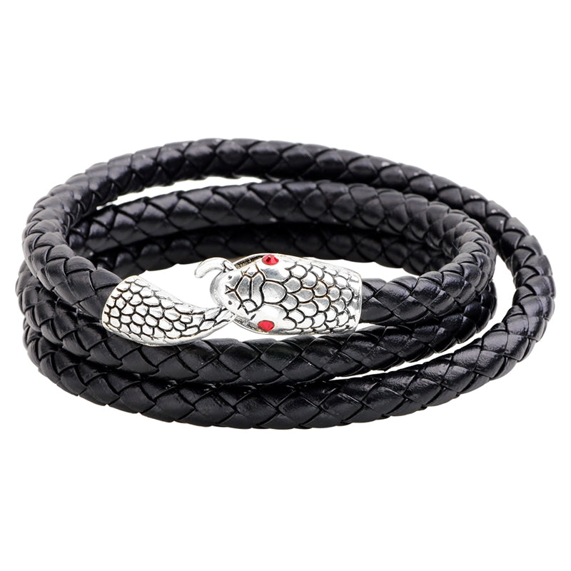 Men's Alloy Snake Head Multilayer Punk Leather Bracelet Serpentine Weave Bangle Chain