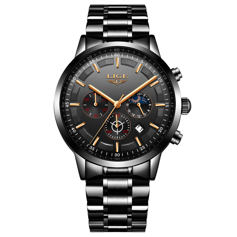LIGE 9877 Business Style Waterproof Men Wrist Watch Luminous Display Full Steel Quartz Watches
