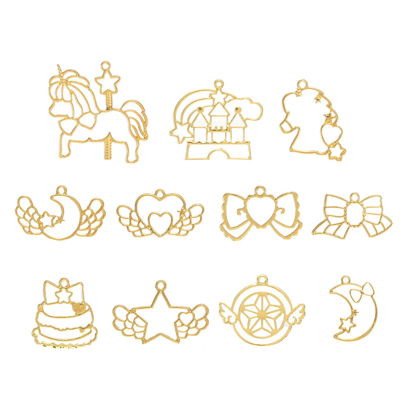 12pcs Gold Key Open Bezel Pendant Zinc Alloy UV Resin Frame Crafts DIY Pendant